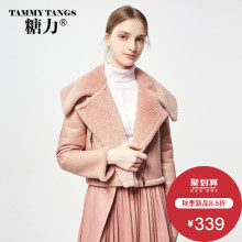 糖力 冬装新款欧美女装橘色短款大翻领PU皮夹克保暖加绒皮衣外套图片