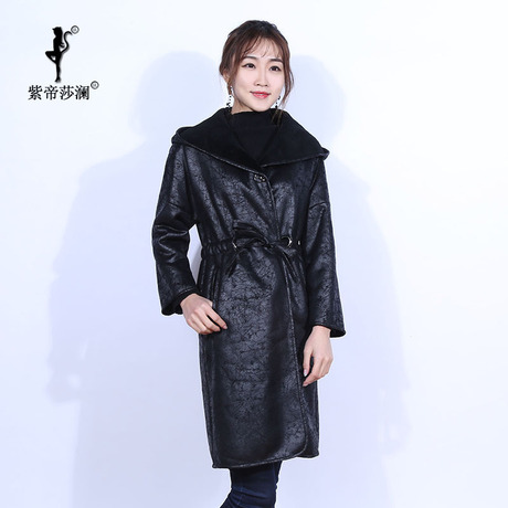 紫帝莎澜女装2017新款帽版羊剪绒皮草大衣收腰长外套YJR71225T1商品大图