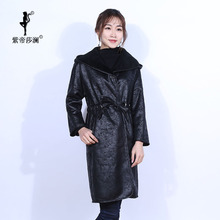 紫帝莎澜女装2017新款帽版羊剪绒皮草大衣收腰长外套YJR71225T1图片