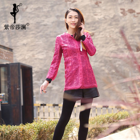 紫帝莎澜女装2018新款圆领绵羊皮皮衣网纱镂空休闲外套MYP80402T商品大图