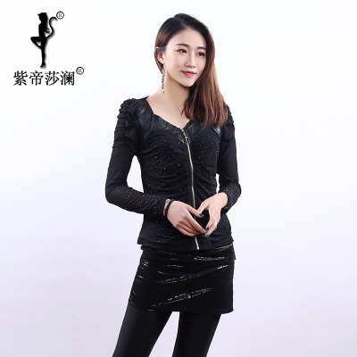 紫帝莎澜女装2018款圆领绵羊皮拼皮T恤衫网纱打底小衫短上衣2101