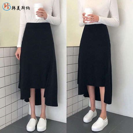 韩美斯纳时尚百搭高腰不规则半身裙女秋装2018新款中长款韩版裙商品大图