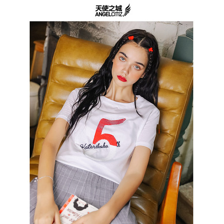天使之城2018夏季新款港风chinT恤潮版短袖上衣原宿亮片学生女夏商品大图