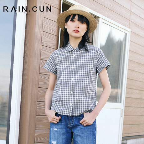 然与纯2018夏装新款小清新格子衬衫女短袖宽松直筒学生黑白衬衣服商品大图