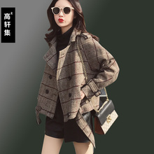 高轩集小个子女装矮短款秋装风衣女2018新款春秋千鸟格毛呢短外套图片