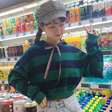 秋季女装韩版chic条纹套头连帽宽松短款卫衣外套假两件上衣学生潮图片
