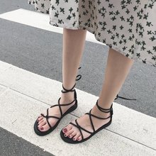 显白 女鞋 罗马鞋 韩国 简约百搭交叉露趾绑带平底凉鞋 乌77