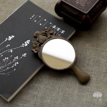送女定制刻字 漠源天然绿檀木手拿小镜子随身便携手柄梳镜礼品套装
