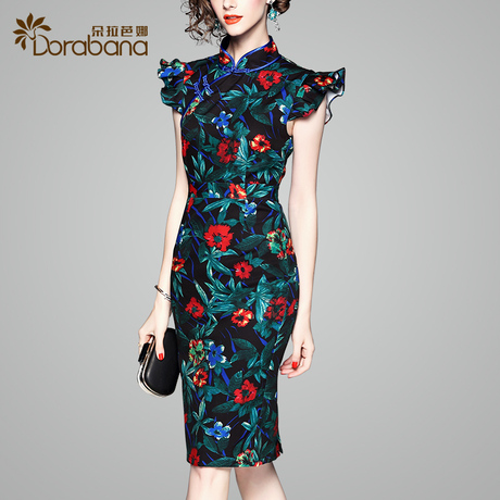 朵拉芭娜连衣裙女夏季2018新款中国风复古印花荷叶袖日常改良旗袍商品大图