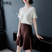 海青蓝2018秋装新款女v领短袖时尚拼接收腰荷叶边针织连衣裙04959图片
