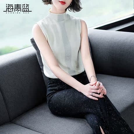 海青蓝2018秋装新款女装时尚无袖拼接百搭纯色针织T恤衫上衣05144商品大图