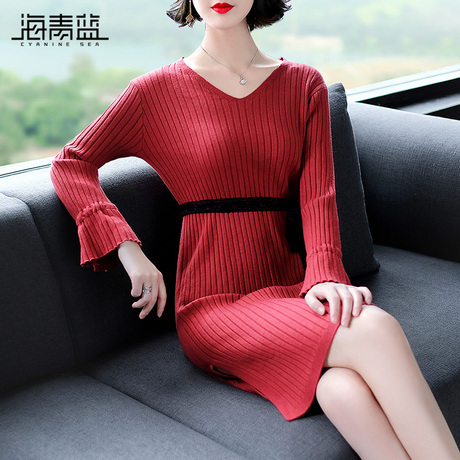 海青蓝2018秋装新款女红色v领长袖束腰开叉中长款针织连衣裙05138商品大图