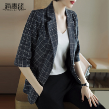 海青蓝2018秋装新款女装欧美时尚宽松休闲百搭格子西装外套05159图片
