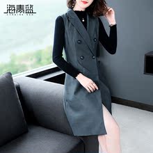 海青蓝2018秋装新款女时尚无袖收腰中长款修身西装马甲外套05651图片