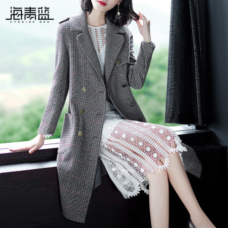 海青蓝秋冬女2018新款羊毛大衣中长款双面呢千鸟格毛呢外套06417商品大图