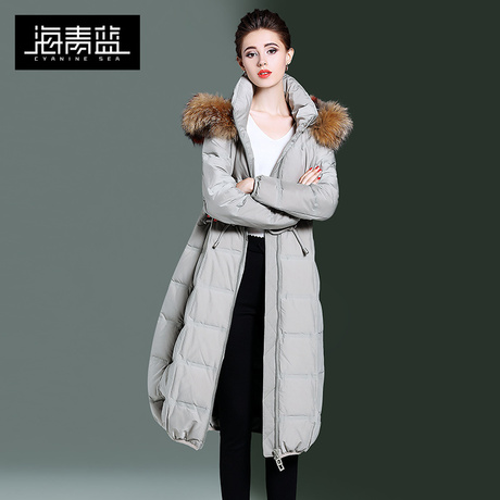 海青蓝冬装女2018新款时尚毛绒连帽中长款系带斗篷羽绒服潮06065商品大图
