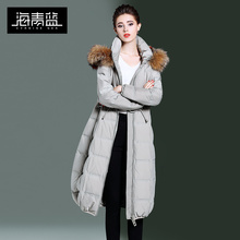 海青蓝冬装女2018新款时尚毛绒连帽中长款系带斗篷羽绒服潮06065图片