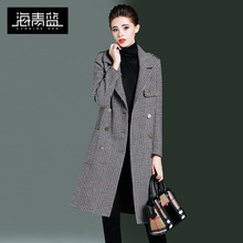 海青蓝2018冬装新款女时尚气质长袖修身中长款格子毛呢外套06007图片
