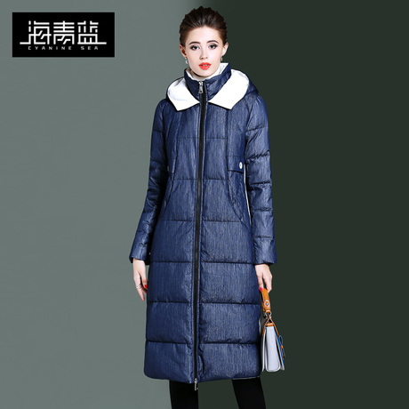 海青蓝冬装女2018新款时尚连帽长袖加厚保暖中长款羽绒服潮06052商品大图