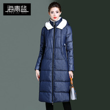 海青蓝冬装女2018新款时尚连帽长袖加厚保暖中长款羽绒服潮06052图片
