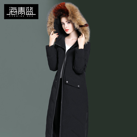 海青蓝冬装女2018新款时尚修身大毛领外套加厚长款羽绒服潮06069商品大图