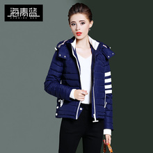 海青蓝冬装女2018新款时尚纯色拼接chic带帽短款休闲羽绒服06019图片