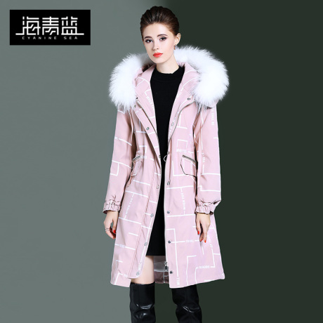 海青蓝冬装女2018新款时尚长袖连帽毛绒中长款加厚羽绒服潮06042商品大图