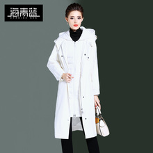 海青蓝冬装女2018新款时尚连帽长袖宽松显瘦休闲中长款风衣06055图片