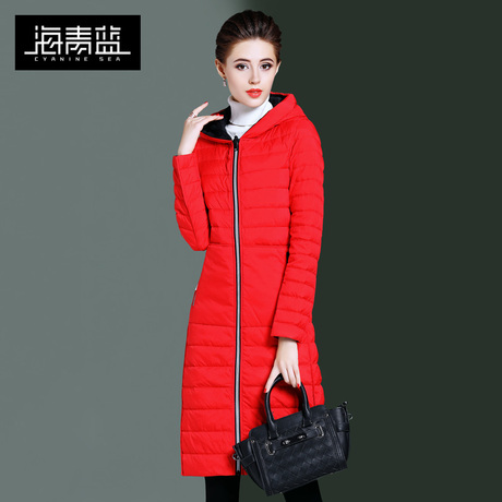 海青蓝冬装女2018新款时尚长袖连帽修身显瘦百搭简约羽绒服06050商品大图
