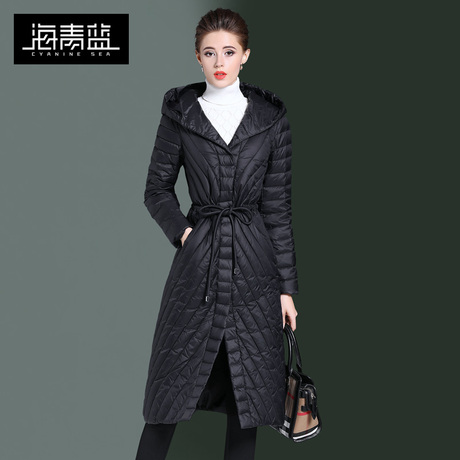 海青蓝冬装女2018新款系带修身加厚中长款保暖连帽羽绒服潮06056商品大图