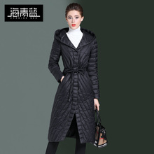 海青蓝冬装女2018新款系带修身加厚中长款保暖连帽羽绒服潮06056图片