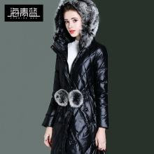 海青蓝2018冬季新款羽绒服女时尚毛领超长加厚保暖过膝外套06362图片