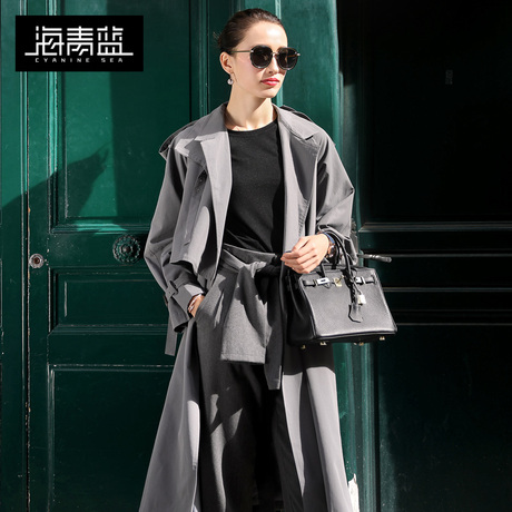 海青蓝2018新款秋冬风衣女中长款过膝纯色chic大衣气质外套06117商品大图