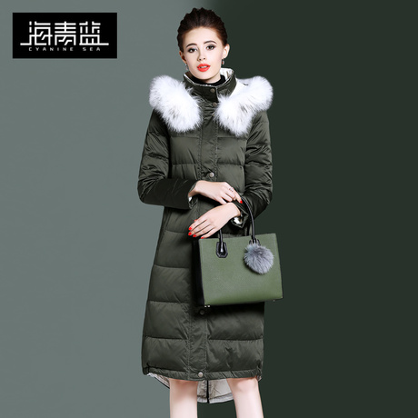 海青蓝冬装女2018新款时尚毛绒连帽长袖显瘦保暖过膝羽绒服06364商品大图