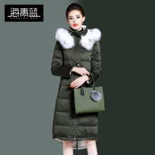 海青蓝冬装女2018新款时尚毛绒连帽长袖显瘦保暖过膝羽绒服06364图片
