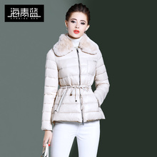 海青蓝冬装女2018新款时尚毛领长袖修身显瘦系带百搭羽绒服06373图片