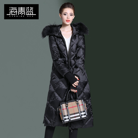 海青蓝冬装女2018新款时尚毛领连帽长袖显瘦过膝保暖羽绒服06379商品大图