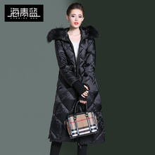 海青蓝冬装女2018新款时尚毛领连帽长袖显瘦过膝保暖羽绒服06379图片
