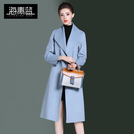 海青蓝2018冬季新款女纯羊毛高档中长款雾霾蓝过膝毛呢大衣06353商品大图