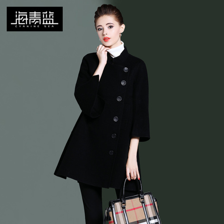 海青蓝冬装女2018新款时尚纯色七分袖宽松休闲百搭毛呢外套06302商品大图