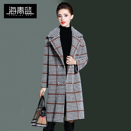 海青蓝秋冬女装2018新款时尚翻领长袖大衣中长款千鸟格外套06315商品大图