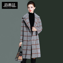 海青蓝秋冬女装2018新款时尚翻领长袖大衣中长款千鸟格外套06315图片