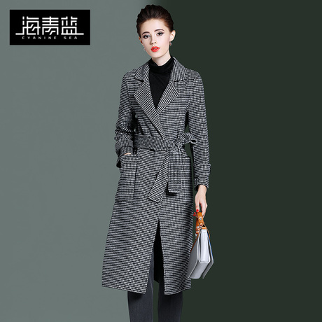 海青蓝2018冬季新款格子呢外套女时尚大气双排扣毛呢大衣06517商品大图