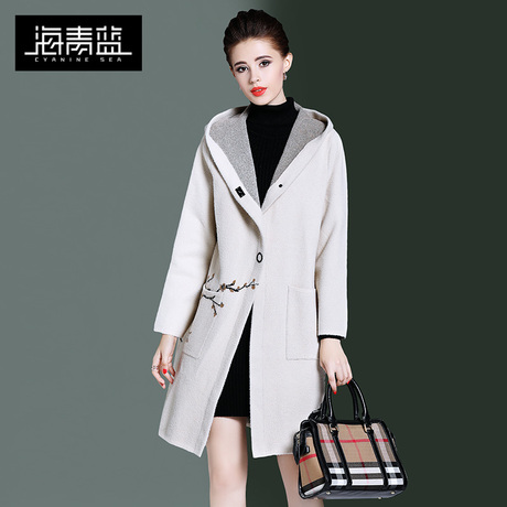 海青蓝2018冬季新款毛呢大衣女中长款连帽印花气质时尚外套06351商品大图