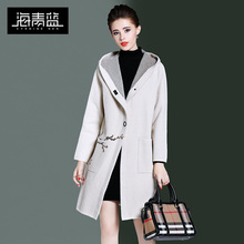 海青蓝2018冬季新款毛呢大衣女中长款连帽印花气质时尚外套06351图片