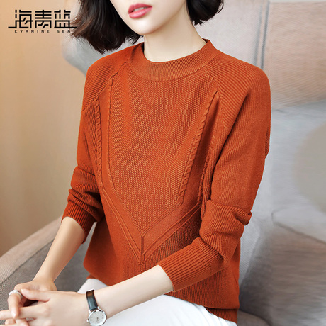 海青蓝2018新款秋冬时尚套头毛衣女棕色宽松时尚外搭针织衫06461商品大图