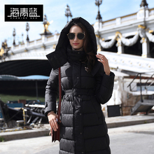 海青蓝2018冬季新款长款羽绒服女黑色毛领过膝加厚保暖外套06848图片