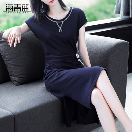 海青蓝2018夏季新款女装圆领短袖系带修身简约中长款连衣裙03868商品大图
