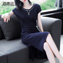 海青蓝2018夏季新款女装圆领短袖系带修身简约中长款连衣裙03868图片