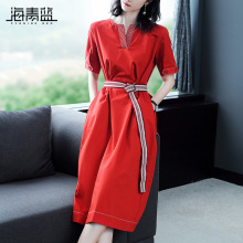 海青蓝2018夏季新款女气质名媛短袖绑带收腰修身红色连衣裙03300图片